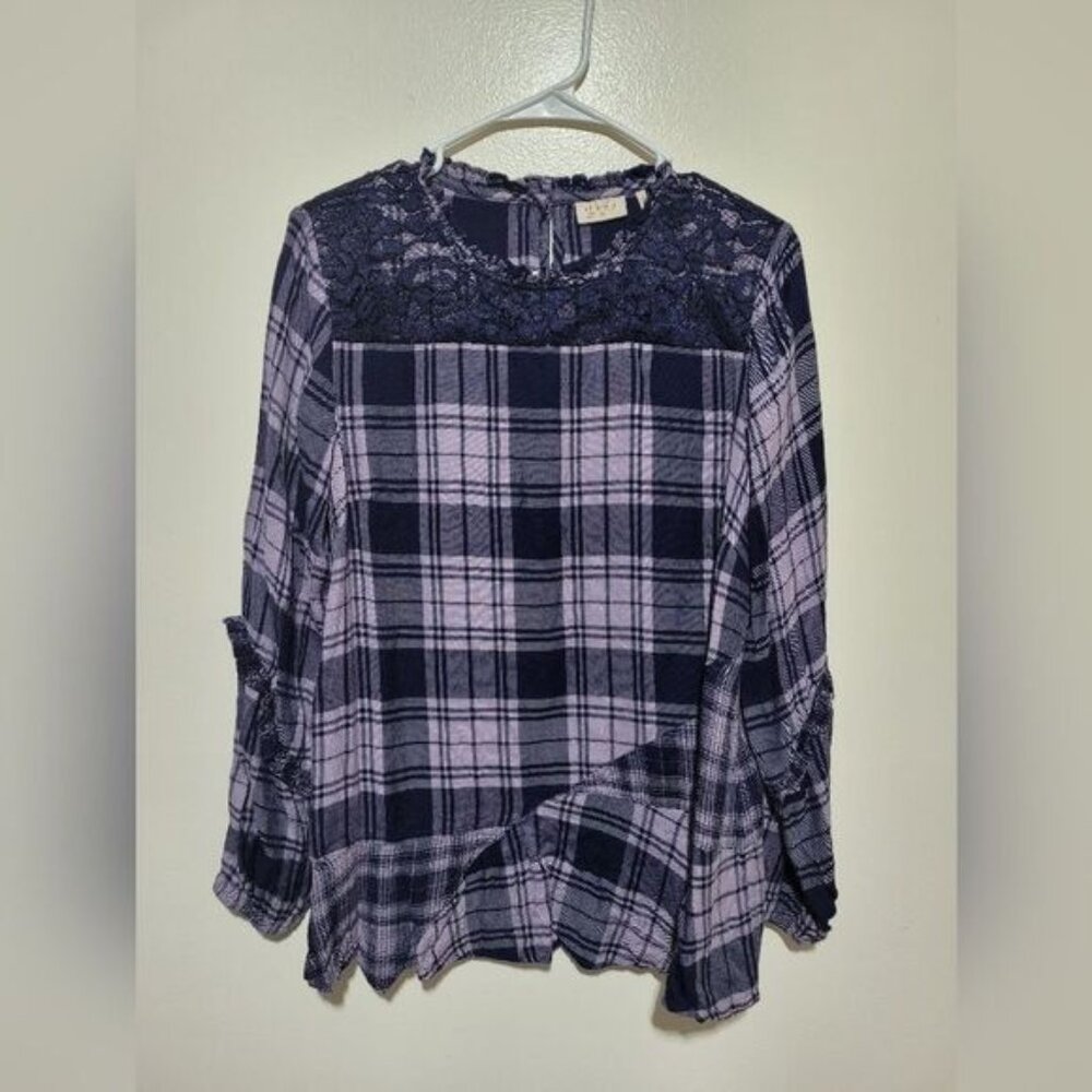 LOGO Lavish Lori Goldstein Woven Plaid Blouse Tunic Top Lace Detail